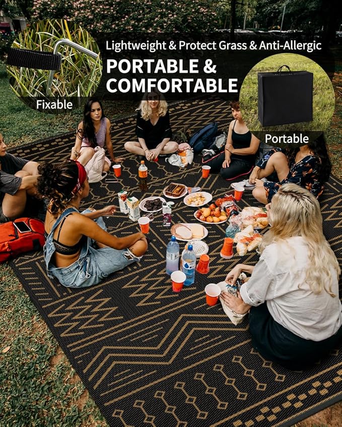 Outdoor Rug Carpet Waterproof 6x9 ft Patio Rug Mat Indoor Outdoor Area Rug for RV Camping Picnic Reversible Lightweight Plastic Straw Outside Rug for Patio Decor Decoration Boho Rug Black Brown