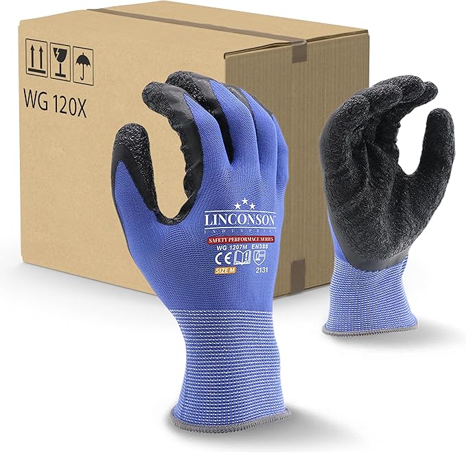 linconson 12 Pack Safety Performance Series Construction Mechanics Wrinkle Latex Work Gloves