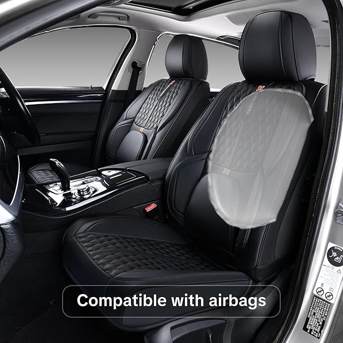 Black Car Seat Cover Complete Set, Universal Car Seat Cover for Car with Lumbar Support, Premium Artificial Leather, Waterproof and Easy to Clean, Airbag Compatible, Suitable for Most Cars