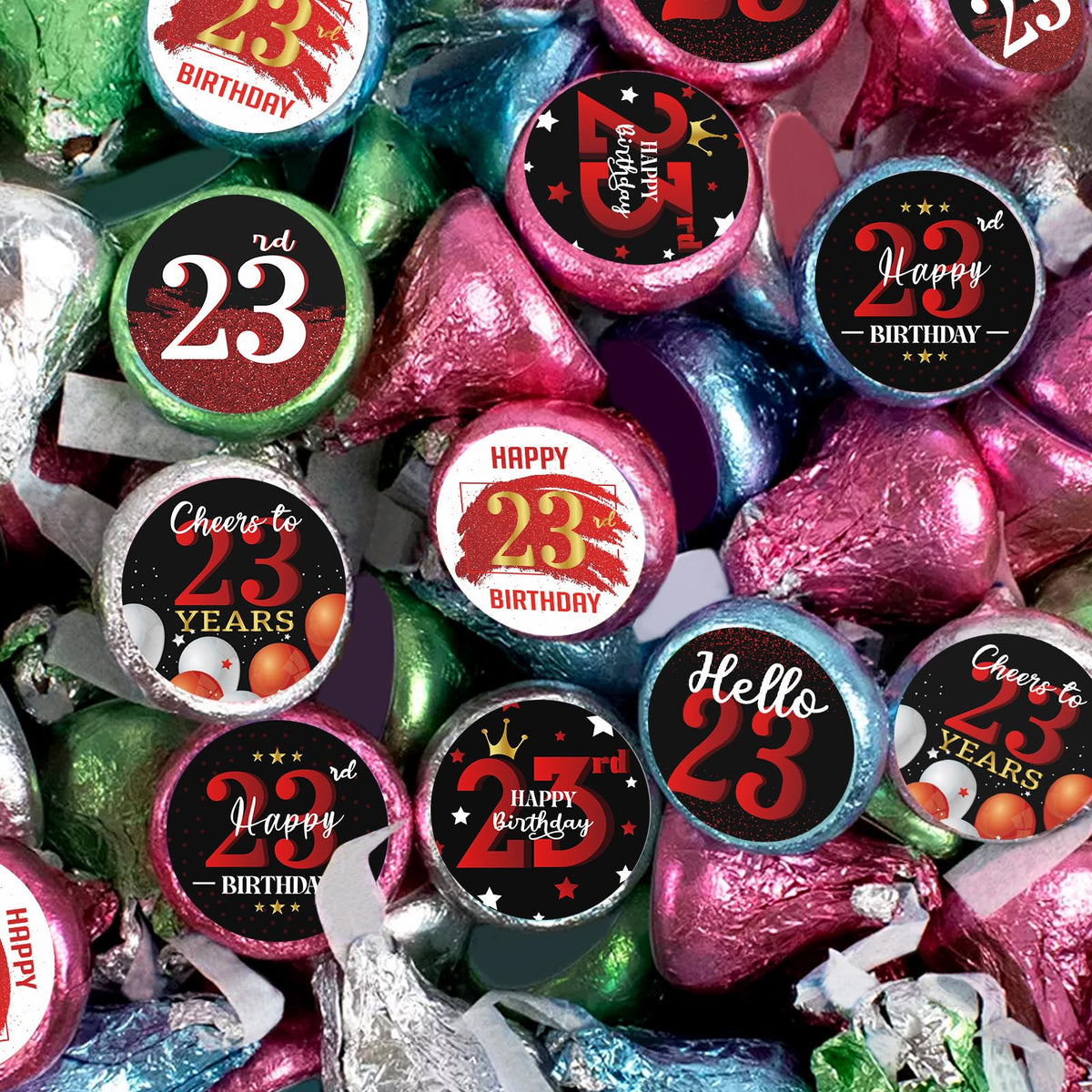 Happy 23rd Birthday Party Favor Labels Chocolate Kisses Candy Stickers - Twenty Three Years Old Birthday Round Candy Sticker Party Favors - Black
