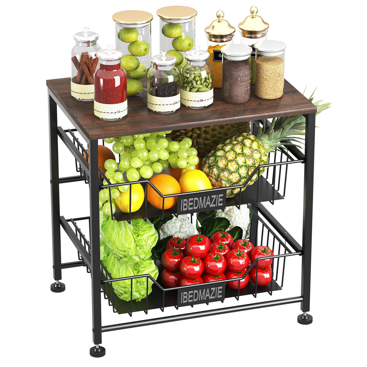 3 Tier Fruit Basket for Kitchen Metal Storage Organizer with Drawers