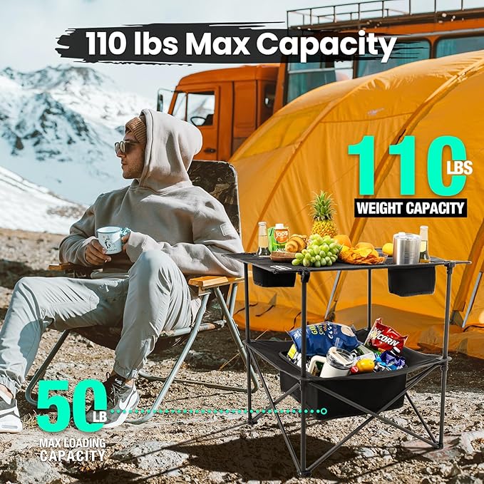 Folding Camping Table, Portable Outdoor Picnic Table, Rectangular Lightweight Camp Table with Storage, Cup Holder and Carry Bag for Barbeque Beach Camping and Tailgate