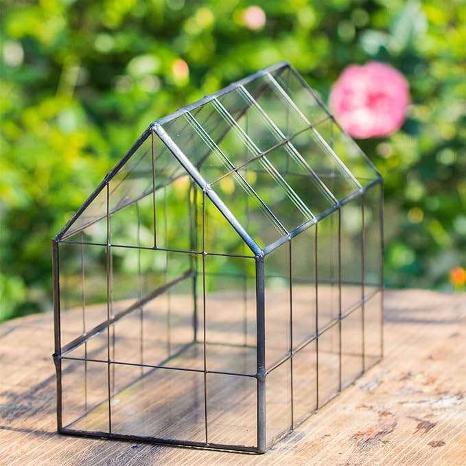NCYP Geometric Glass Terrarium with Front Opening Door, House Shape Closed Micro Landscape Planter Box for Small Succulent, Cacti - Home Indoor Tabletop Decor, Handmade, Black (No Plants)