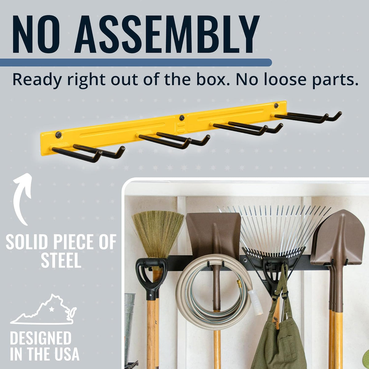 StoreYourBoard Wall-Mounted Rack With 4 Garage Hooks – Heavy-Duty Steel Holder Garage & Garden Storage for Shed, Workshop, or Home Organization – For Rakes, Shovels, Tools & More – 1 Pack, Tractor