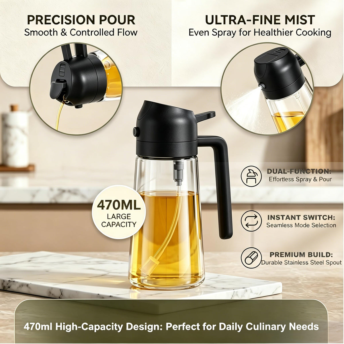 Pure Future 2-in-1 Olive Oil Sprayer for Cooking, Dispenser Bottle (Black)