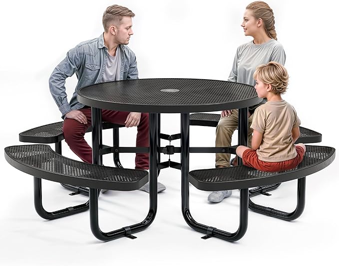 Metal Picnic Tables for Outdoors with Umbrella Hole - Coated Steel Heavy Duty Commercial Grade Table with Adjustable Seats (Black, 46 in, Round, Punched Steel)