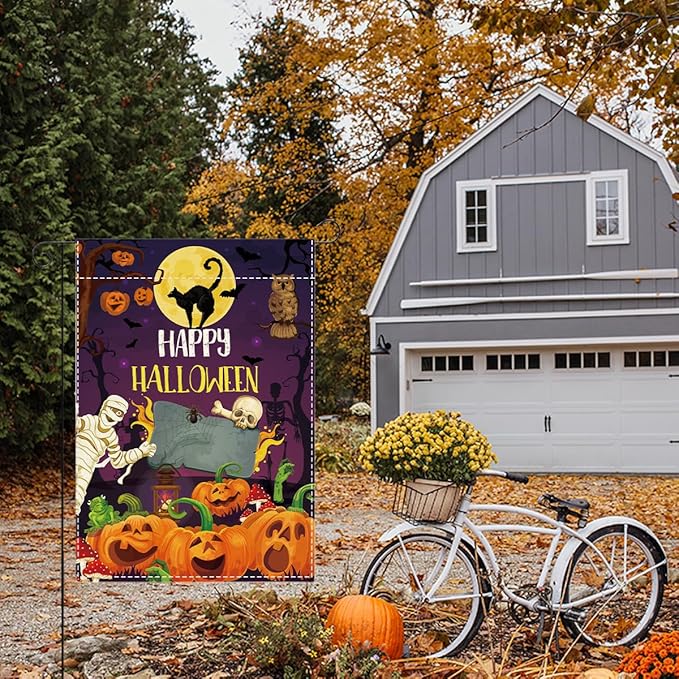 Happy Halloween Garden Flag Halloween SpookyGhost Skeleton Bats Garden Flag 12x18 inch Double Sided Holiday Decorations for Yard Outside Lawn (Flay 1811)