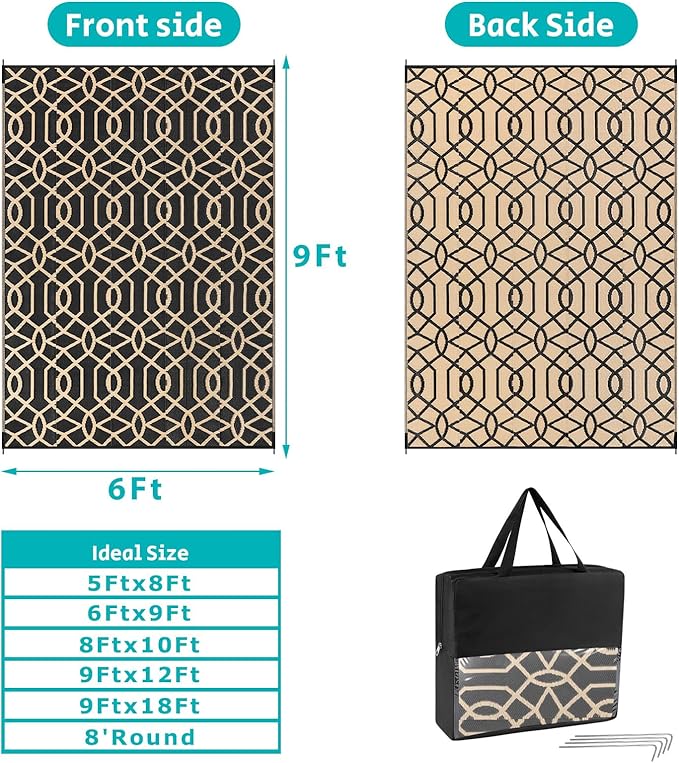 HEBE Outdoor Rug Waterproof 6x9, Reversible Plastic Straw Rug RV Camping Rug, Indoor Outdoor Patio Mat Clearance, Outside Carpet for Porch,Deck,Camper,Balcony,Backyard,Picnic