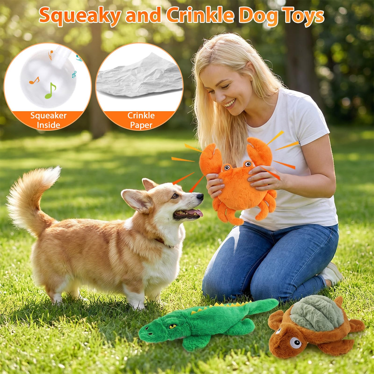 Homounter No Stuffing Dog Toys for Puppies, Small & Medium Dogs, 3 Pack Squeaky Crinkle Plush Toys for Teething & Anxiety Relief, Lightweight Interactive Animal Set to Keep Them Busy