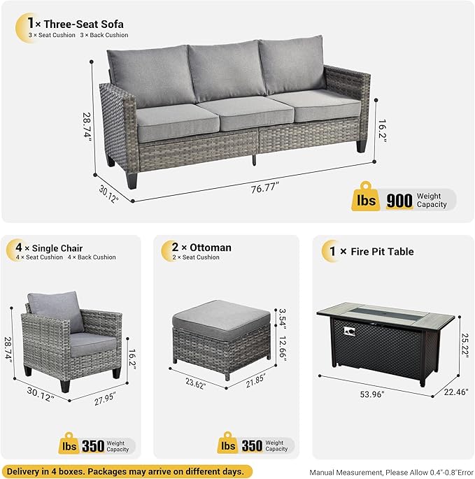 ovios 8 Pieces Patio Furniture Set with 54" Fire Pit Table, Outdoor Wicker Sofa with Comfy Cushions, All Weather High Back Rattan Couch Conversation Set, Dark Grey
