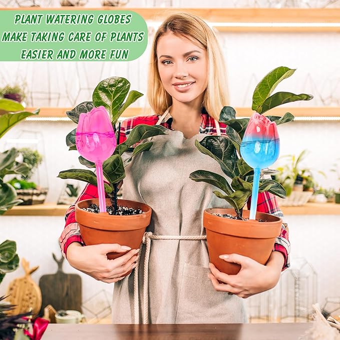 Plant Watering Globes Tulips, 4 Pcs Glass Self Watering Globes, Self Watering Planter Insert with Watering Spikes ,Automatic Plant Watering Devices,Large Watering Bulbs for Indoor & Outdoor Plants