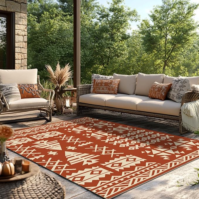 WILDROOTS 6x9 Feet Plastic Exotic Red Outdoor Rug, Stain Resistant Waterproof Reversible Outdoor Patio Rug, Fade Resistant Camping Rug