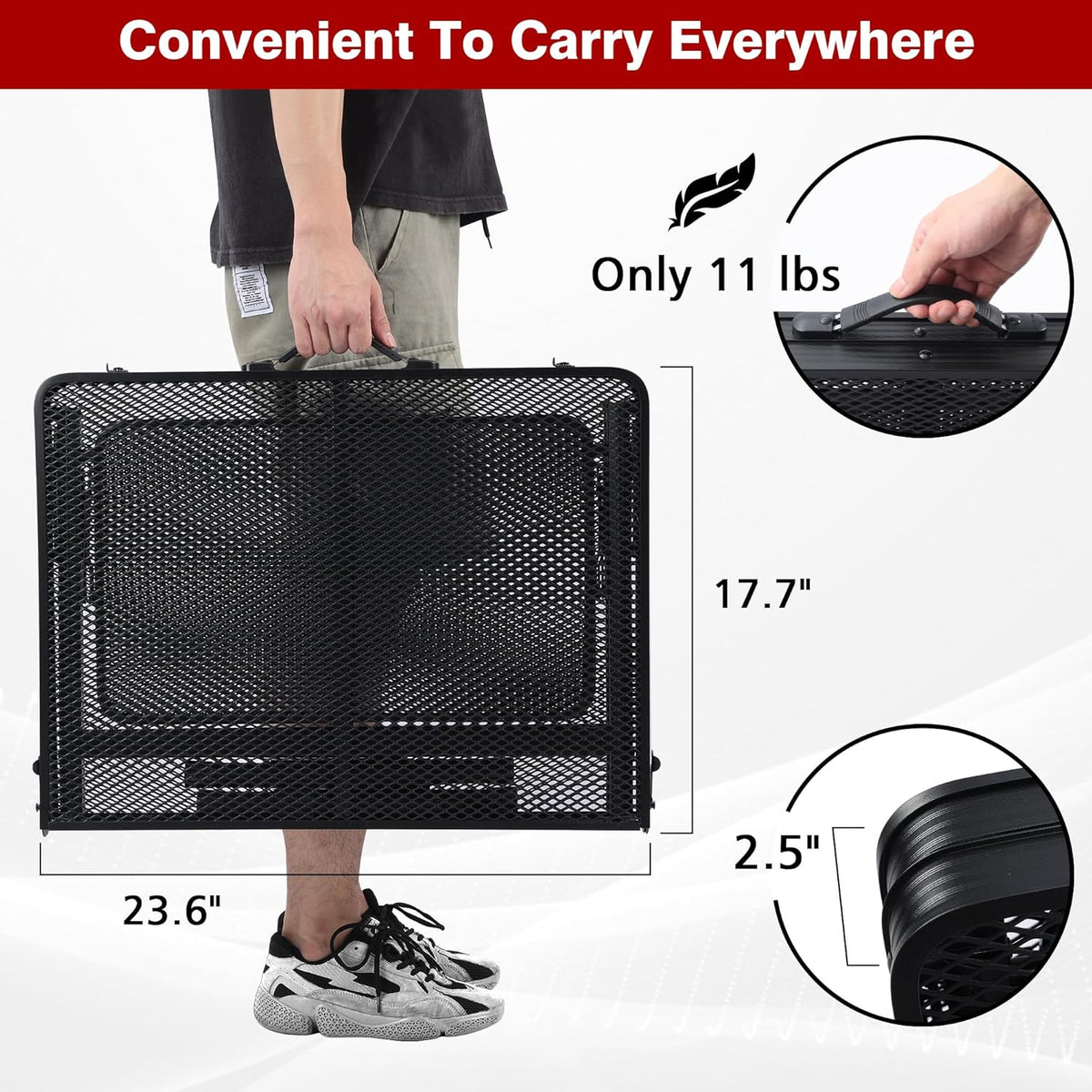 Folding Grill Table, 3x2 FT Portable Camping Table with 2 Wing Panels, Height Adjustable Metal Tables with Mesh Desktop and Mesh Bag, Outdoor Furniture for Camping, Picnic, Beach and BBQ, Black