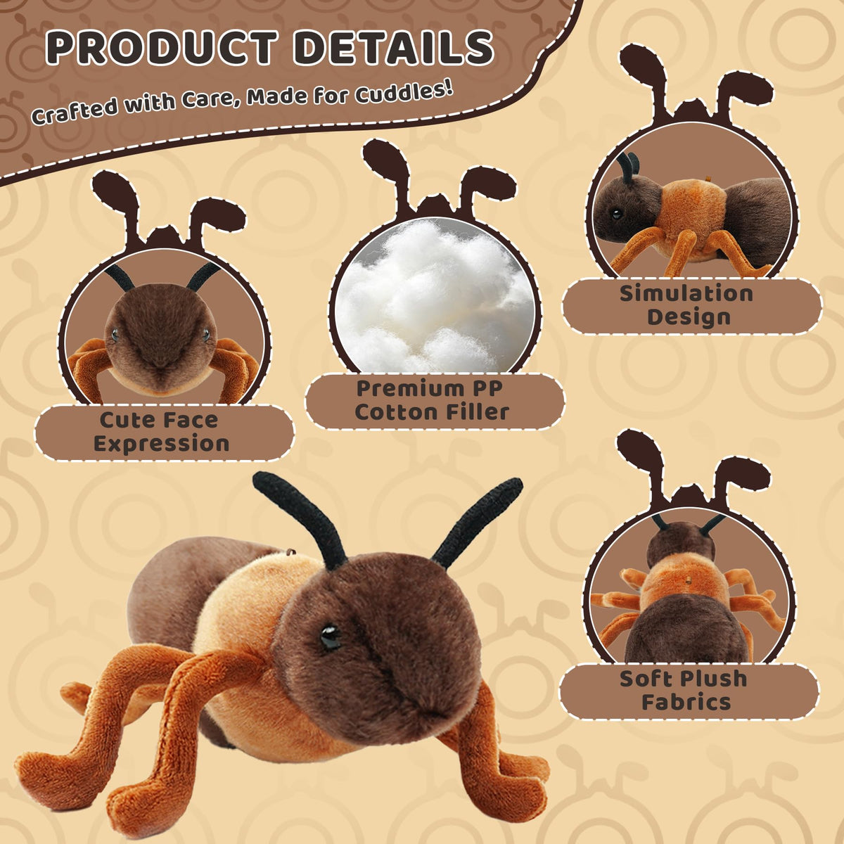 JUSTQUNSEEN 7-Inch Realistic Ant Stuffed Animal Plush Toy, Soft Stuffed Insect for Kids & Toddlers, Friendly Educational Model for Science Learning, Halloween Christmas Birthday Gift