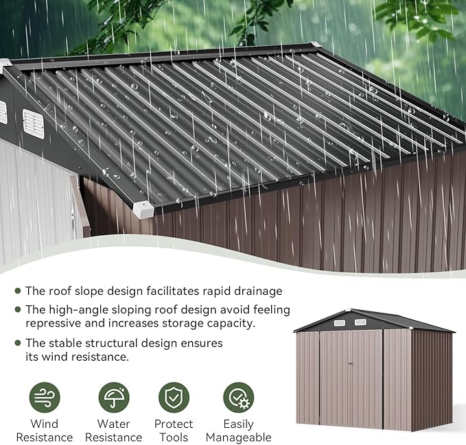 Aoxun 7x5 FT Outdoor Storage Shed Garden Metal Shed with Lockable Door Outdoor Large Shed for Tool, Garbage Can, Bike, Mower, Brown