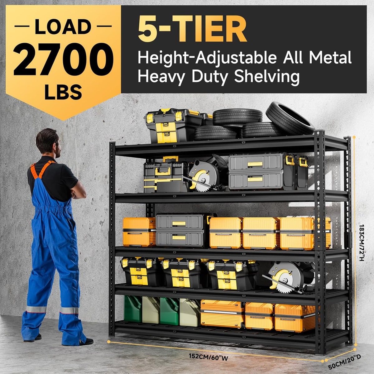 5-Tier 60" W X 20" D X 72" H Storage Shelves 2500LBS Metal Garage Shelving Adjustable Storage Shelf Metal Racks with Shelves Heavy Duty Shelving Units and Storage Utility Shelf