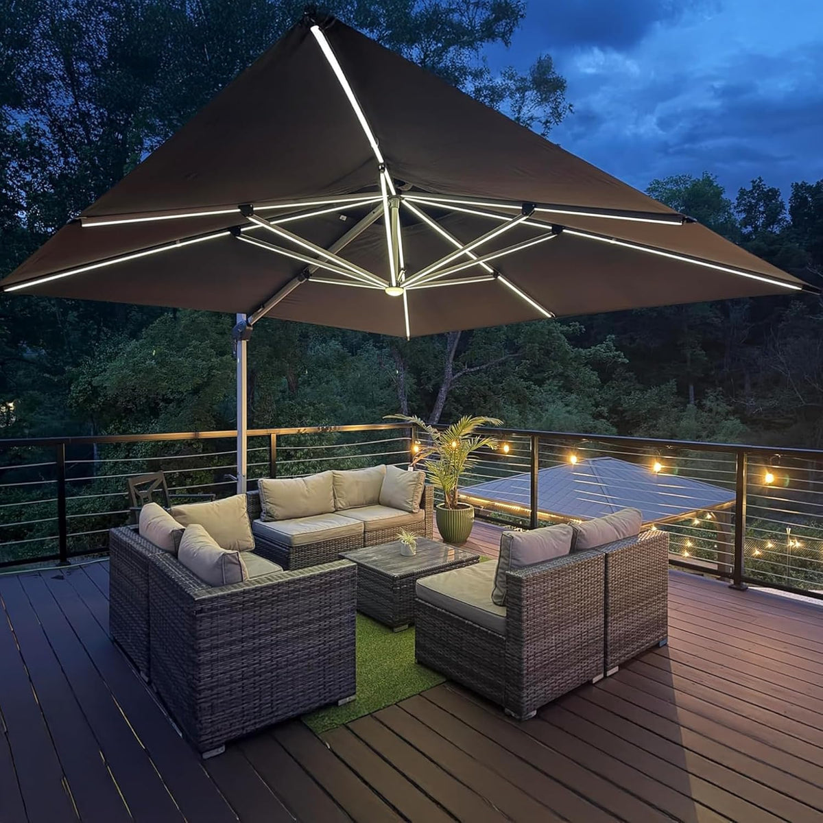 PURPLE LEAF 9' X 12' Solar Powered LED Patio Large Umbrella Offset Double Top Hanging Umbrella Outdoor Market Umbrella for Garden, Slate Gray