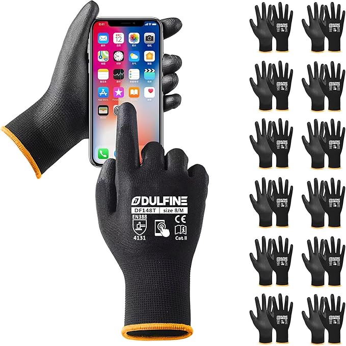 DULFINE Safety Work Gloves PU Coated for Men and Women-12 Pairs,Black Seamless Knit Glove with Two Fingers Touchscreen,Ideal for General Duty Work (Medium)