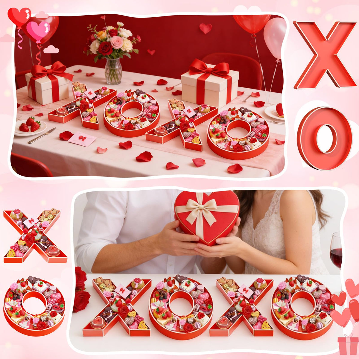 Valentine’s Charcuterie Cardboard for Food, 13.78" Red XOXO Large Charcuterie Board Letters for Chocolates, Cupcakes, Flowers, Roses, Candies