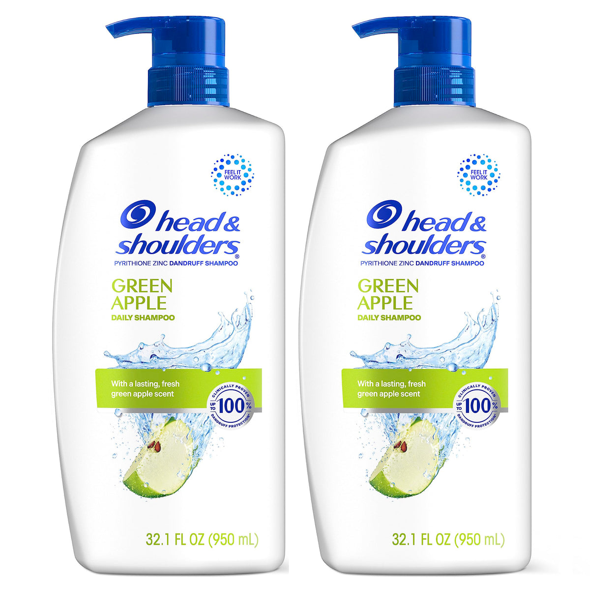 Head & Shoulders Green Apple Anti-Dandruff Shampoo Twin Pack, 72-Hour Protection, 1% Pyrithione Zinc, 32.1 fl oz Each
