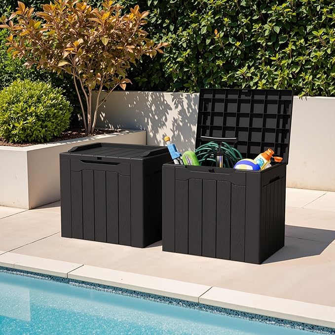 Greesum 31 Gallon Deck Box for Outside, All Weather Outdoor Storage Boxes for Patio Furniture Set, Package Delivery Box, Garden Tools, Black(Set of 2)
