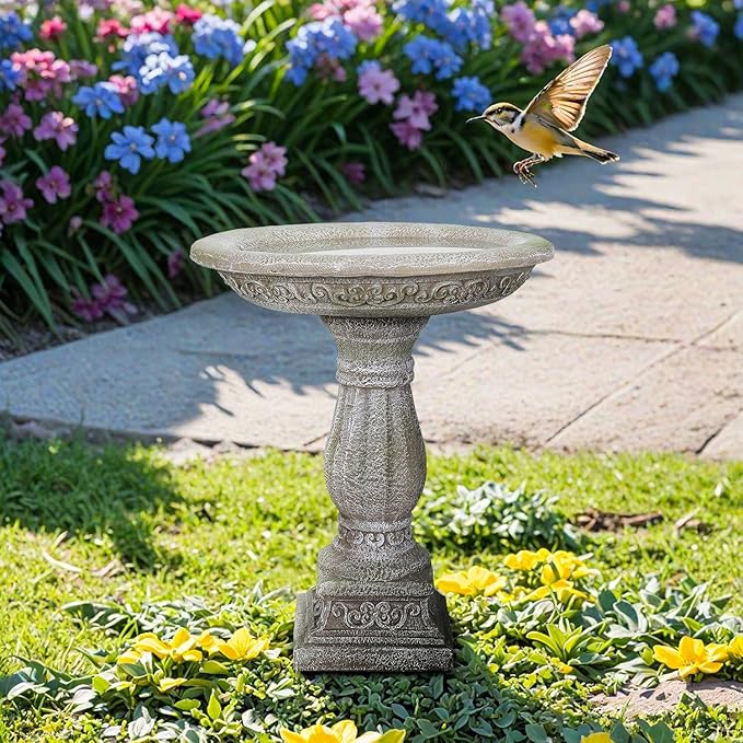 SunJet 23.8” H x 20” Dia Outdoor Birdbath with Exquisite Carvings Pedestal - Fibre Reinforced Concrete Birdbaths, Neoclassical Style Design for Garden Decor & Bird Attraction