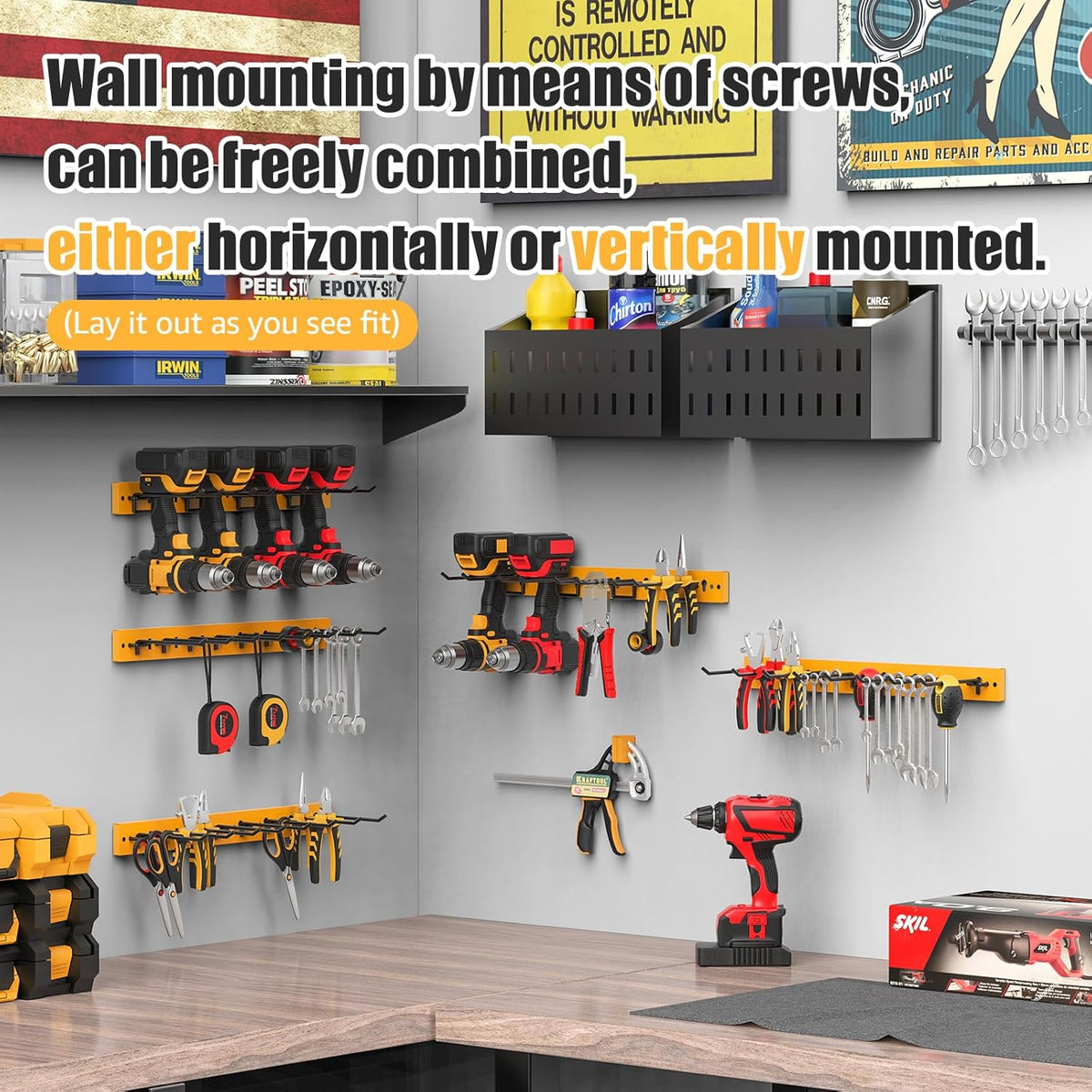 CCCEI 3 Modular Pegboard Strip Storage, Metal Peg Slat Wall Mount for Garage, Basement, Garden, Laundry Room Organization. Flexible Tool Organizer for Rake, Shovels, Crafting. Gifts for Men, Yellow.