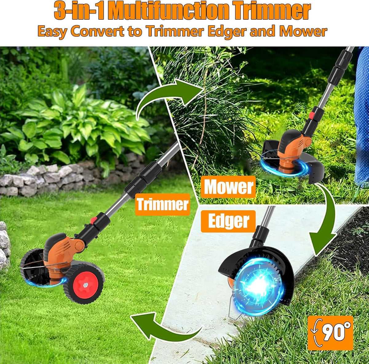 Electric Weed Wacker Cordless Eater Battery Powered Eater Lightweight Edger Portable Stringless Grass Trimmer/Lawn Mower/Brush Cutter, with 3 Types Blades & Wheels for Yard and Garden-Orange