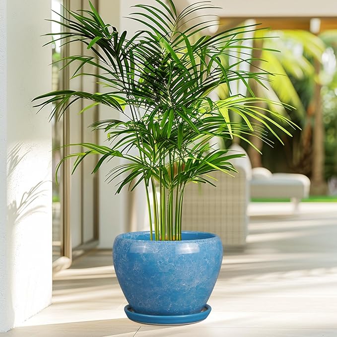 Ceramic Planter - 8 Inch Plant Pot with Drainage Hole and Saucer, Glaze Round Flower Pot for Home Garden Patio Office, Blue