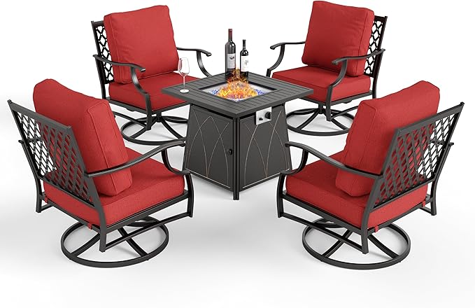 Patio Furniture Set with Fire Pit Table, 5 Pcs Metal Outdoor Conversation Set, 4 Swivel Chairs with 5.75" Extra Thick Cushion and 28" Fire Pit Table for Backyard Deck, Red