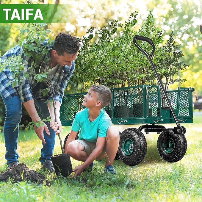 TAIFA Heavy Duty Steel Garden Cart 880 Lbs Capacity with Removable Sides for Yard Lawn and Farm, Metal Utility Wagon with 180° Rotating Handle, Green