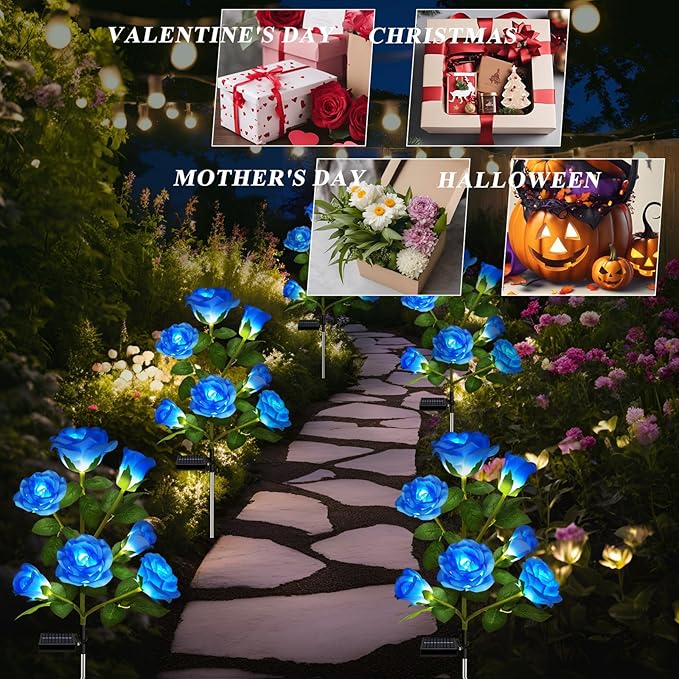 DWH 2 Pack Solar Garden Lights Outdoor, 7-Flower Rose LED Stake Light for Yard Patio Pathway Lawn Fence Cemetery, Blue
