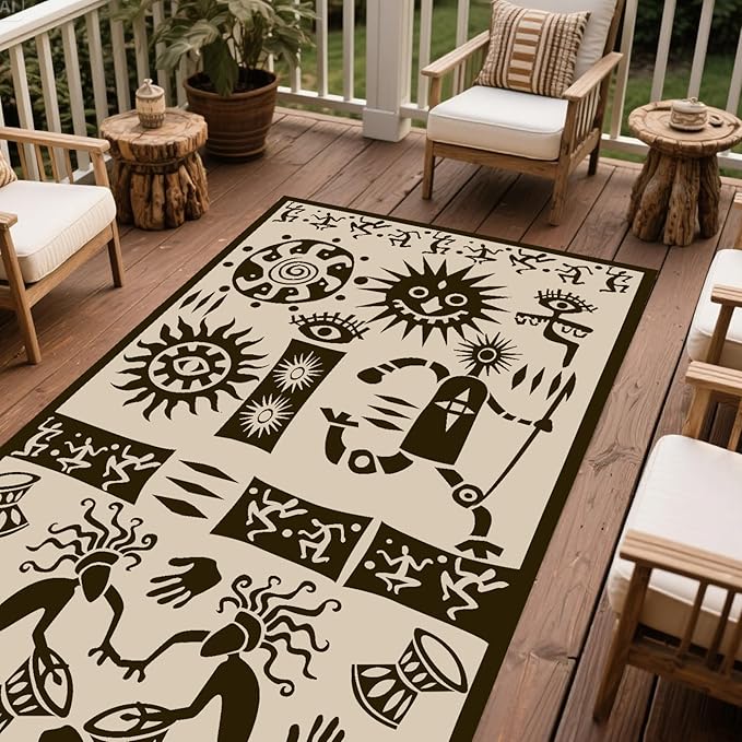 WILDROOTS 5x8 Feet Plastic Tribal Outdoor Rug, Stain Resistant Waterproof Reversible Outdoor Patio Rug, Fade Resistant Camping Rug (Ivory Beige)