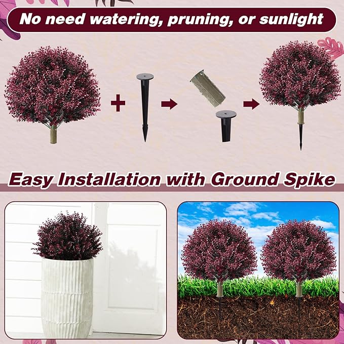 Yunlly 2 Pcs 18 Inch Artificial Boxwood Ball Topiary Tree Fake Outdoor Plants Bush, UV Resistance Faux Shrub with Spike Realistic Greenery Potted for Indoor Garden Yard Porch Patio Decor (Dark Purple)