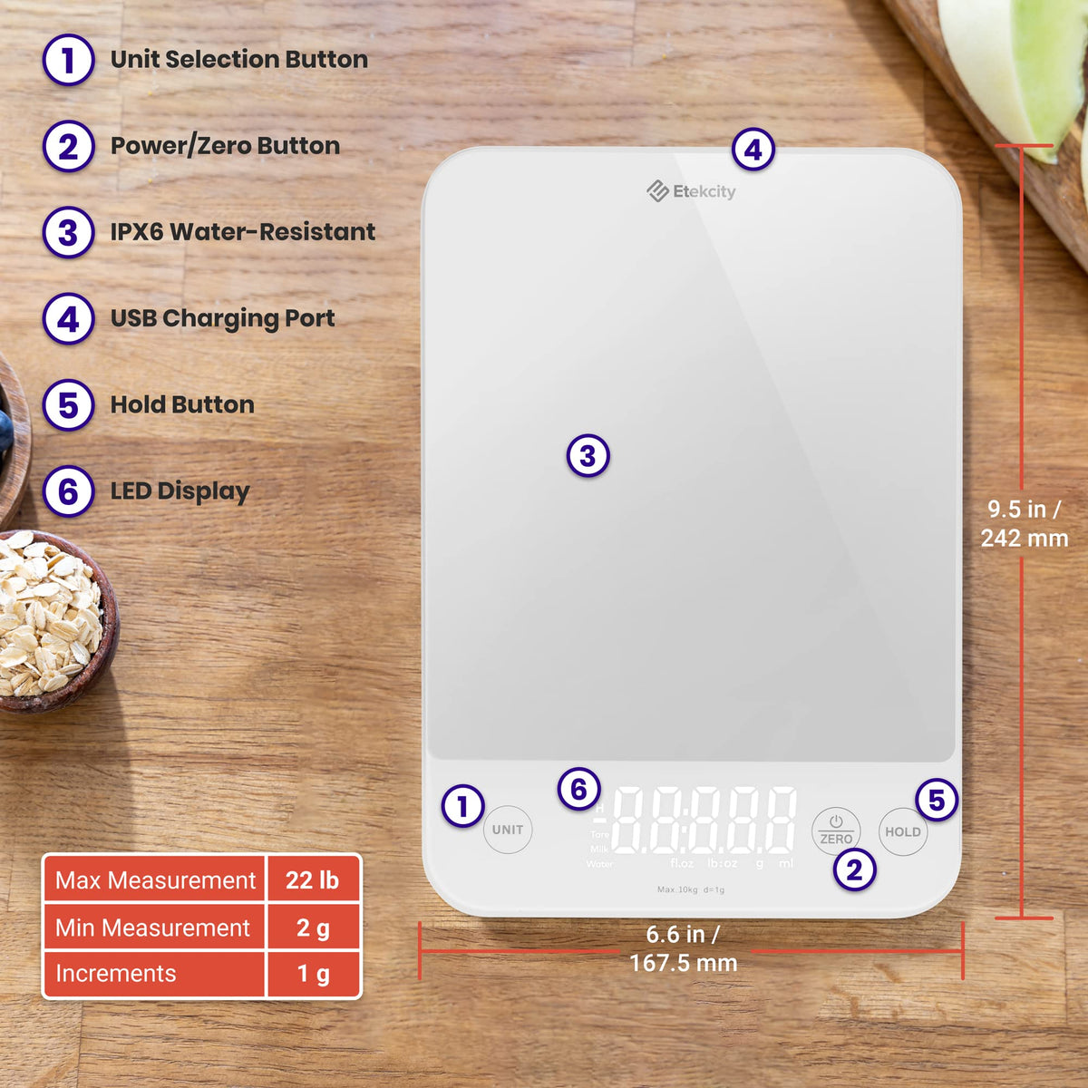 Etekcity 22lb Food Kitchen Scale, USB Rechargeable, IPX6 Waterproof