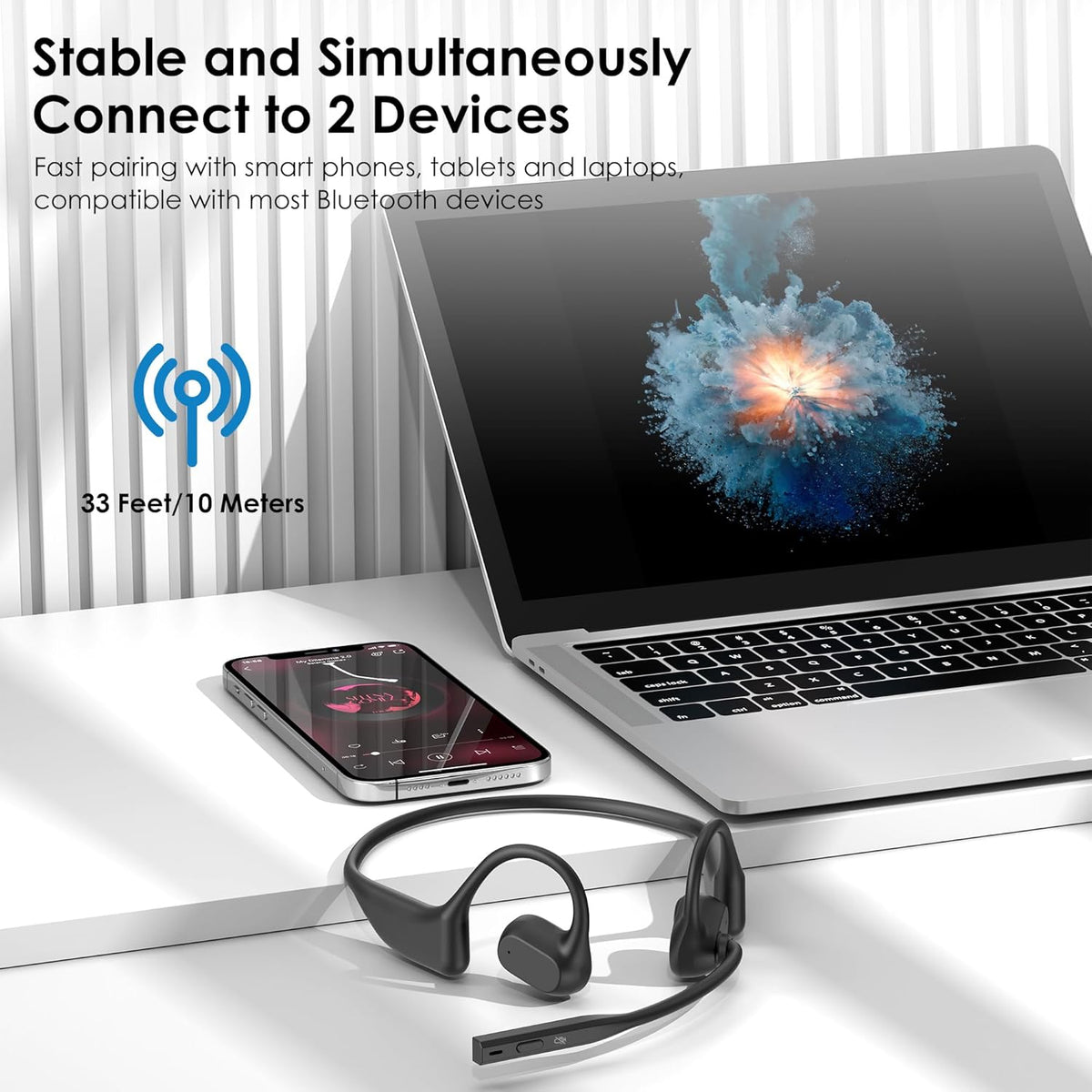 Open Ear Headphones with Mic, Bluetooth 5.3 Headset with AI Noise Cancelling Mic & Mute Function, Wireless Headset for Work, Sports, Drive (Dark Black)