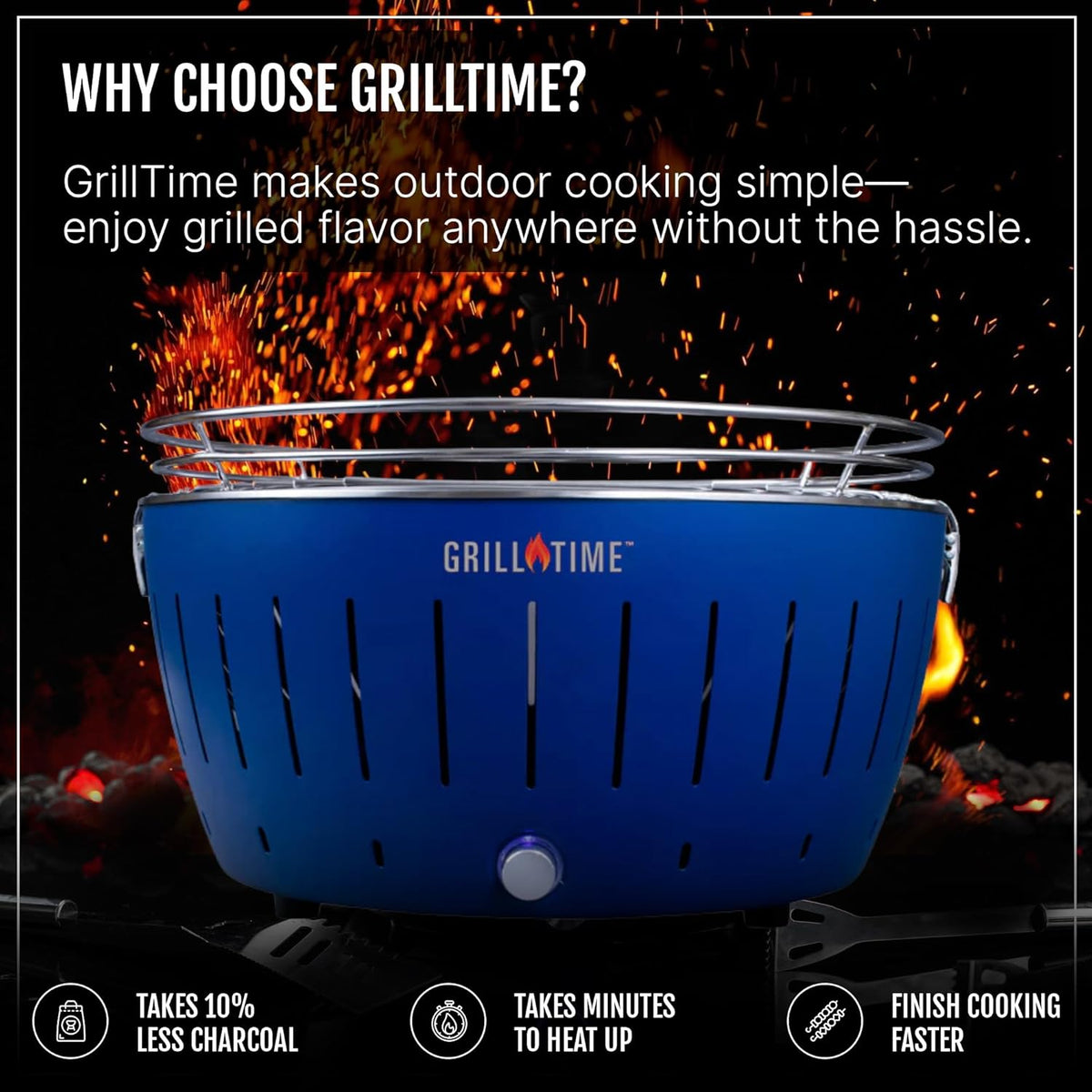 GrillTime Tailgater GTX Portable Charcoal Grill 16 Inch - Smokeless Tabletop Grill for Camping, Tailgate Parties, Beach BBQ, Travel - Blue