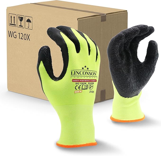 linconson 12 Pack Safety Performance Series Construction Mechanics Wrinkle Latex Work Gloves