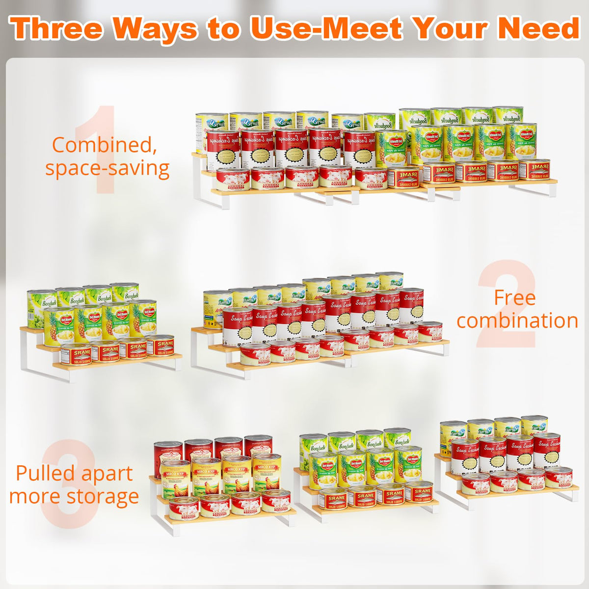 NuoyuanShen 3-Tier Expandable Iron&Bamboo Can Organizer for Pantry Holds Up to 45 Cans,Extra-long Separable Can Organizers and Storage,Can Storage Rack for Pantry Kitchen Cabinet Countertop
