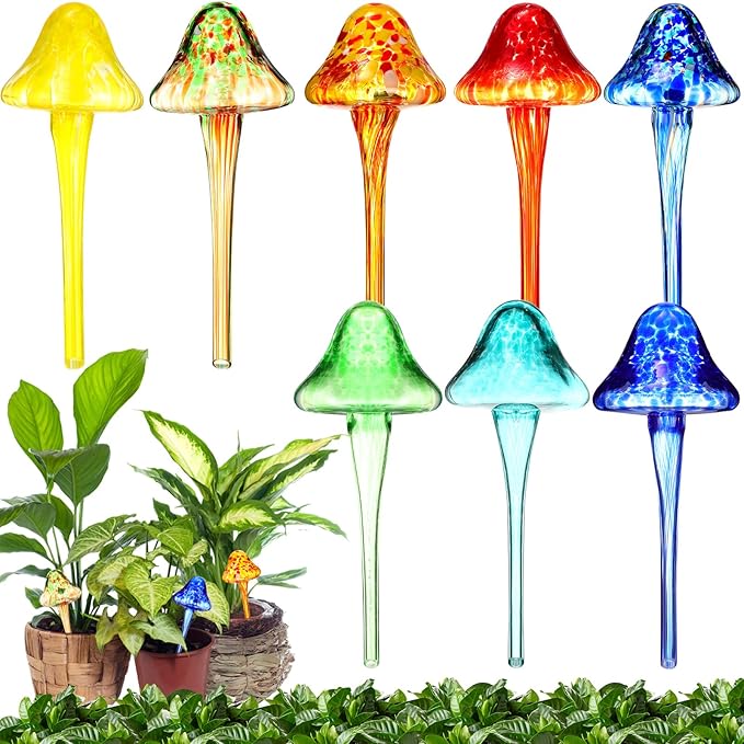 Meanplan 8 Pcs Watering Globe for Plant Self Watering Globes for Indoor Outdoor Plants Watering Devices Self Watering Spikes Mushroom Watering Bulbs Automatic Glass Plant Waterer for Plants