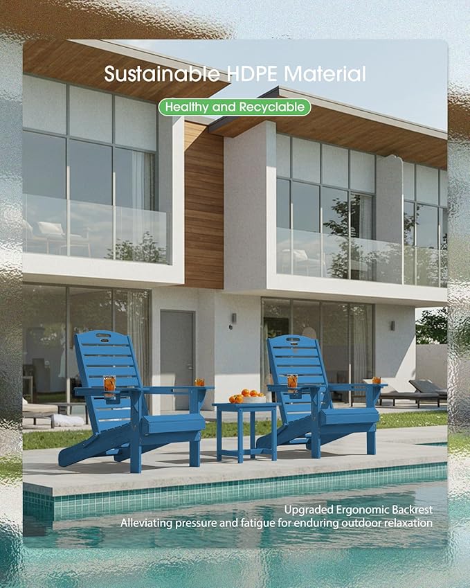 Adirondack Chairs Set of 2, Outdoor Fire Pit Chairs, HDPE All-Weather Adirondack Chairs with Cup Holder, Lawn Chair for Deck, Patio, Garden (NavyBlue)