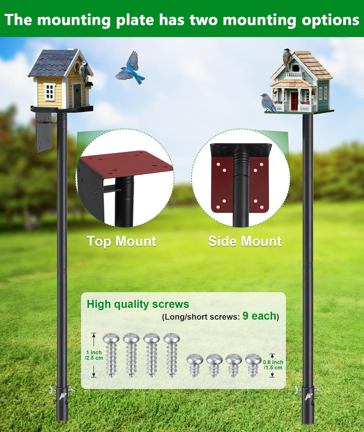 Heavy Duty Bird Feeder Pole - 109 Inch Adjustable 1 Inch Metal Bird House Pole with 14” Deep Auger Base | Outdoor Mount Kit for Bluebird Houses, Hummingbird Feeders, Smart Bird Feeder with Camera