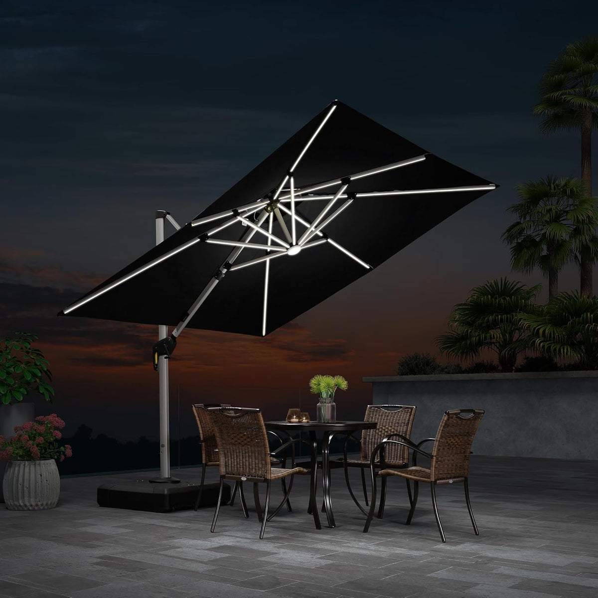 PURPLE LEAF 9 Feet Double Top Deluxe Solar Powered LED Square Patio Umbrella Offset Hanging Umbrella Outdoor Market Umbrella Garden Umbrella, Black