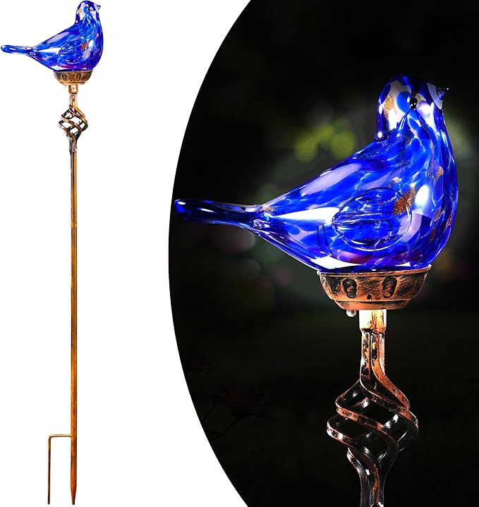 Decorative Solar Lights, Outdoor Solar Bird Stake Lights, Hand Blown Glass Decorative Garden Pathway Lights Outdoor Waterproof Glass Stakes (Dark Blue)
