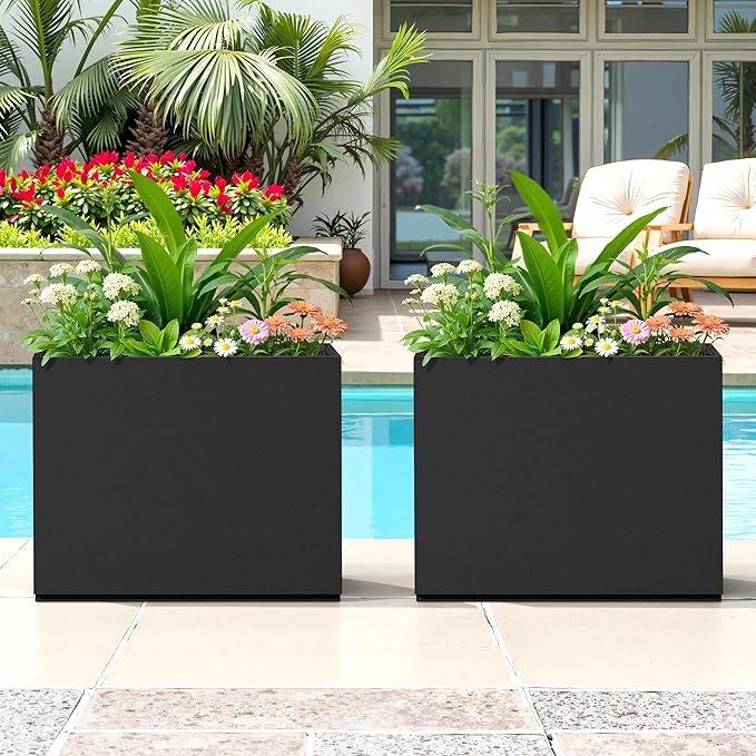 FENCY Metal Planter Box, Large Rectangular Planters for Outdoor Plants, Outdoor Tall Planters with Drainage Holes, Black Metal Planters (30" L x 12" W x 24" H)