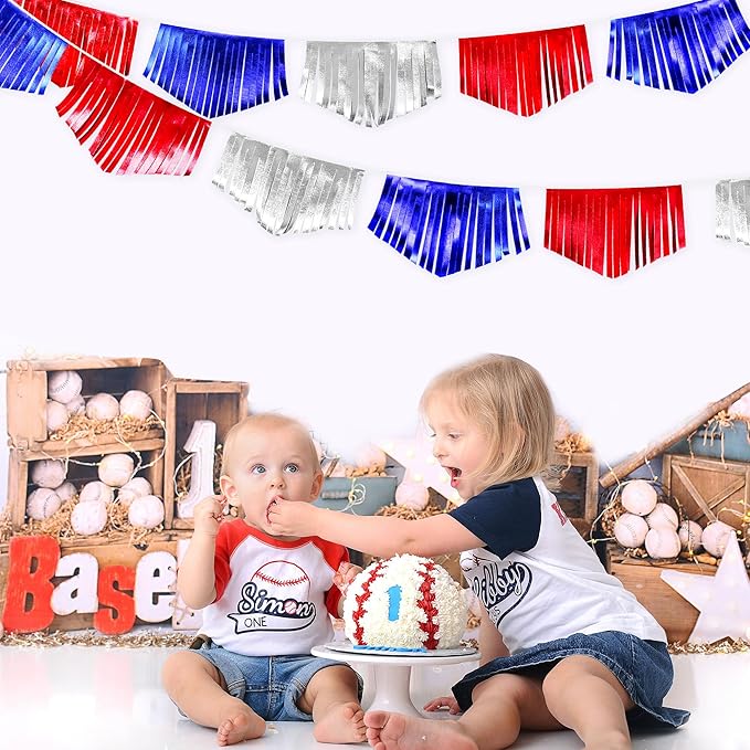Blue Red Silver Tassel Banner Metallic Fabric Pennant Bunting Flag for 4th of July American USA National Day Patriotic Veterans Graduation Wedding Birthday Retirement Nautical Party Decorations