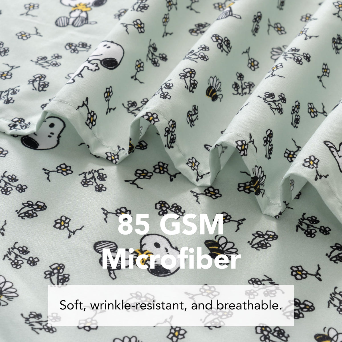 Berkshire Peanuts® Sheet Set Queen Size - 4 Pieces,Cute Character Snoopy Printed Soft Microfiber Bed Sheets,Mini Snoopy & Woodstock New Flower and Bees Sage