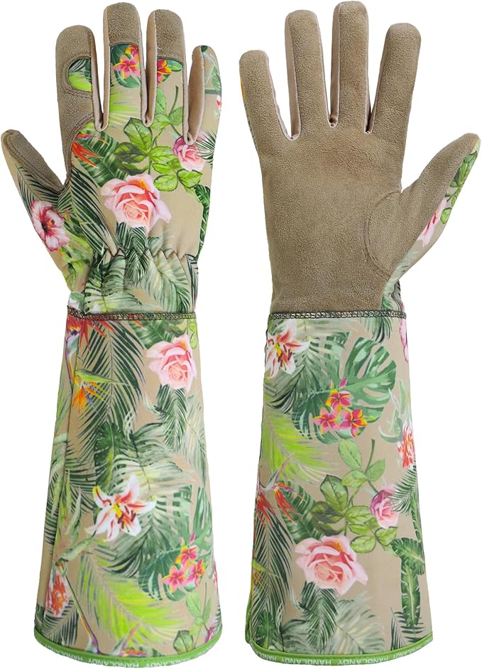 HANDLANDY Leather Gardening Gloves for Women, Thorn Proof Breathable Ladies Rose Pruning Garden Gauntlet Yard Gloves, Gift for Gardeners (Khaki, L)