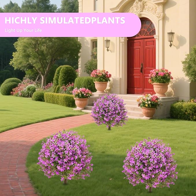 28" Artificial Boxwood Topiary Tree Purple, Set of 2 UV Resistant Fake Evergreen Shrubs Bushes with Ground Spike, Realistic Plants for Outdoor Indoor Front Porch Garden Home Decor