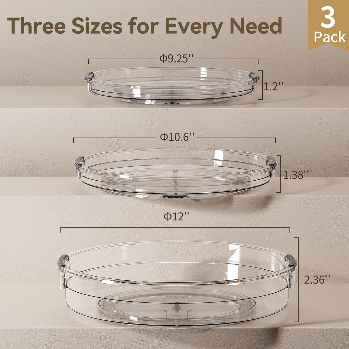 LAMU 3 Pack Lazy Susan Organizer Turntable for Cabinet, 9.25'' 10.6'' 12''